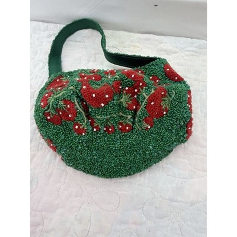 Green Red Strawberry Beaded Sequin Lined Bag Purse Snap Silver cutesy feminine - Picture 3 of 14